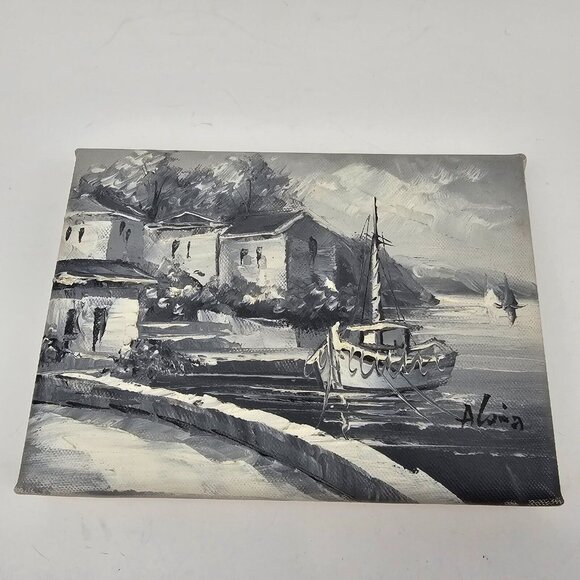 Vintage Painting Canvas Signed Small Water Scene Harbor Boat Landscape Grayscale - Picture 2 of 10
